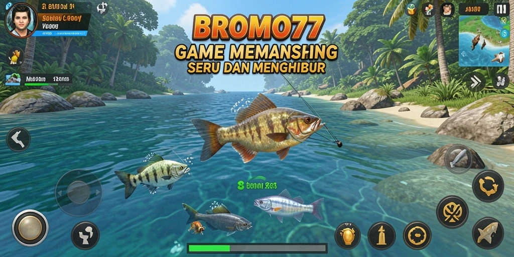 Tampilan gameplay menarik dari BROMO77 saat memancing ikan.