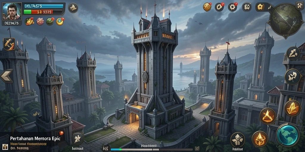 Screenshot DELTA575 menampilkan gameplay Tower Defense yang dinamis dan penuh aksi.