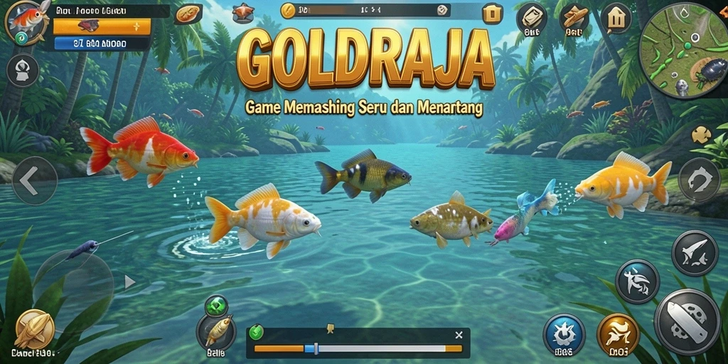 Tampilan gameplay GOLDRAJA dengan berbagai lokasi memancing yang menakjubkan.