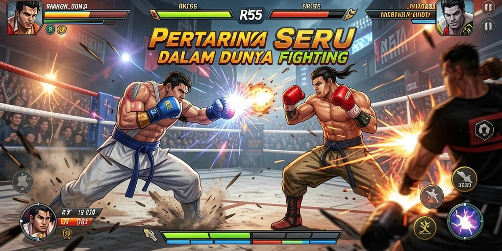 Screenshot utama RK55 menunjukkan aksi pertarungan seru antar karakter.